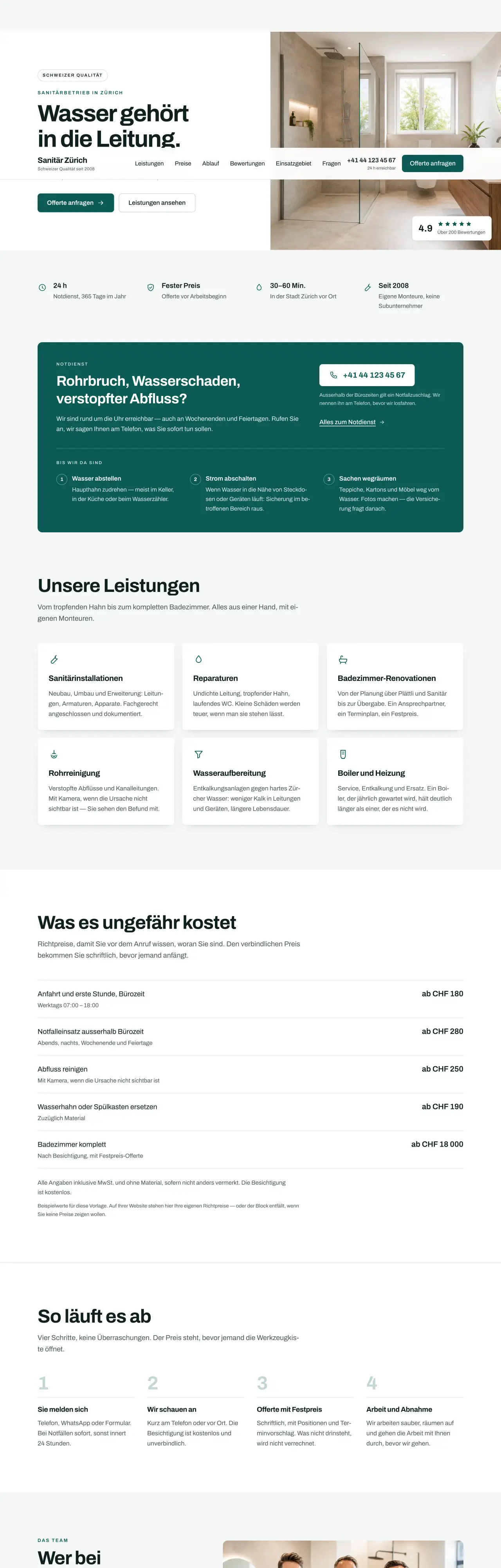 Startseite der Vorlage Sanitär Zürich für einen Sanitärbetrieb